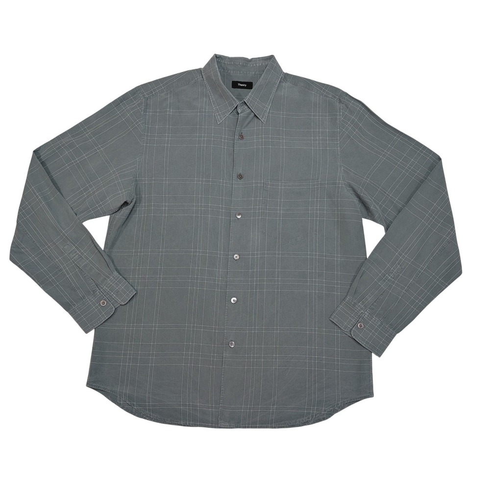 Theory Noll Flow Grid Shirt M Grey Green 100% Lyocell Button Down Mens M0279514